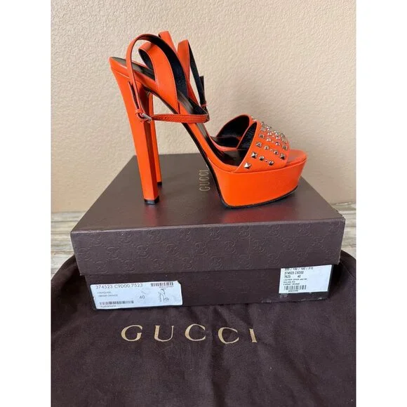 Gucci Malaga Kid Orange Leather Studded Platform Heels EU 40 Box Dust Bag w/COA - Picture 1 of 16